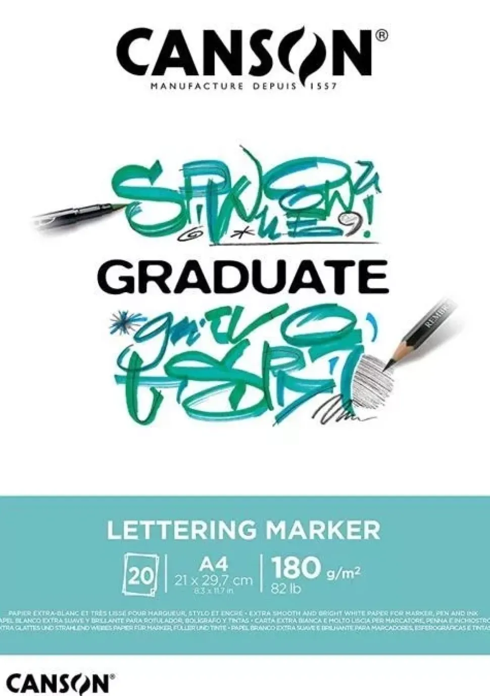 Bloc Graduate Lettering Marker Encolado 1 Lado Extra Liso Grano Fino Canson A4 180g/m²