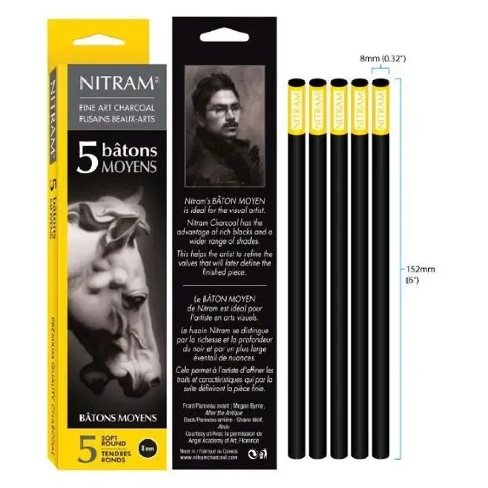 Caja 5 carboncillos redondos suaves Nitram 8mm