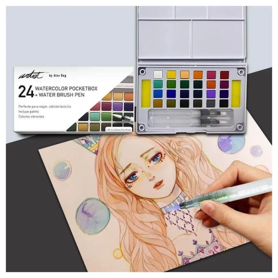 Caja 24 godets acuarela y 2 pinceles depósito Artist Pocketbox Alex Bog