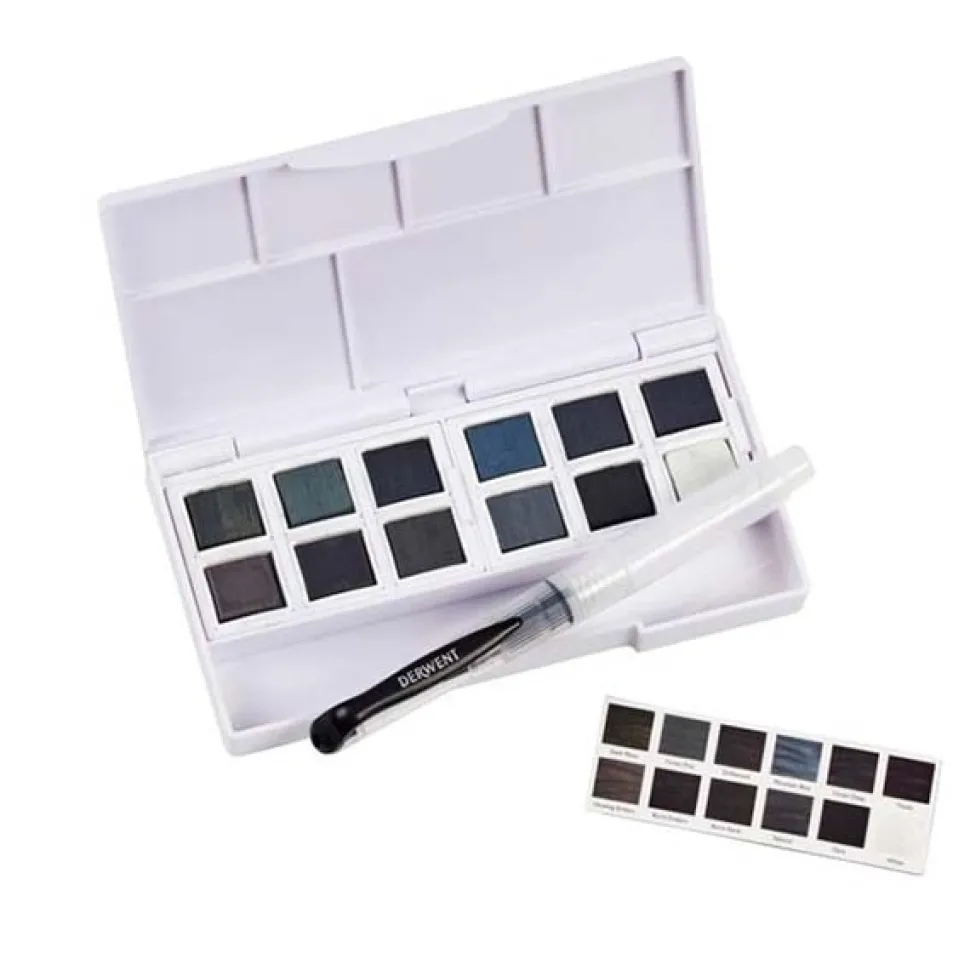 Caja 12 godets con pincel depósito Tinted Charcoal Derwent