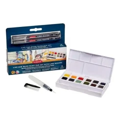Caja 12 godets con pincel depósito y rotuladores Line & Wash Derwent