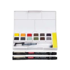 Caja 12 godets con pincel depósito y rotuladores Line & Wash Derwent