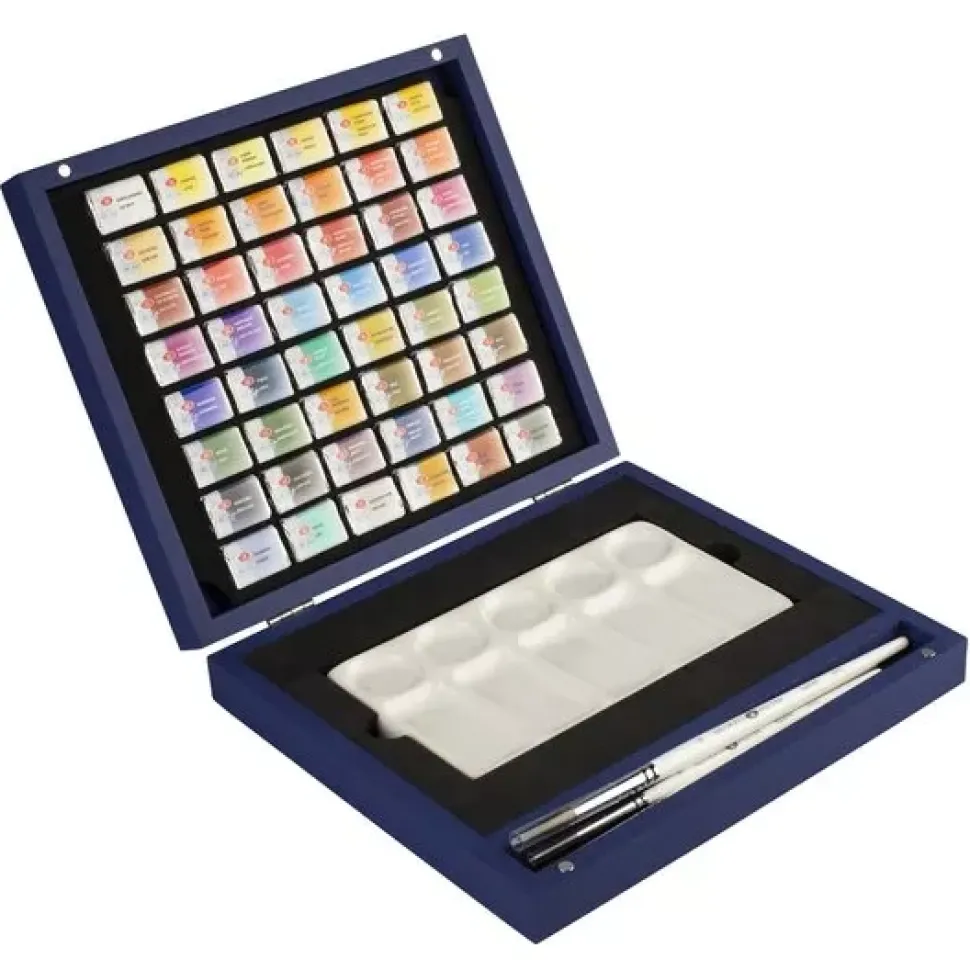 Caja azul de madera de 48 godets acuarelas White Nights