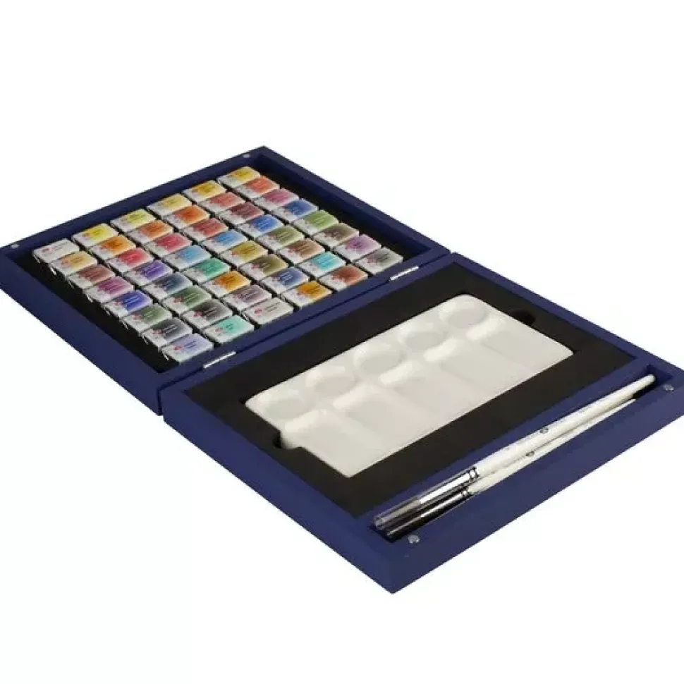 Caja azul de madera de 48 godets acuarelas White Nights