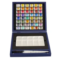 Caja azul de madera de 48 godets acuarelas White Nights
