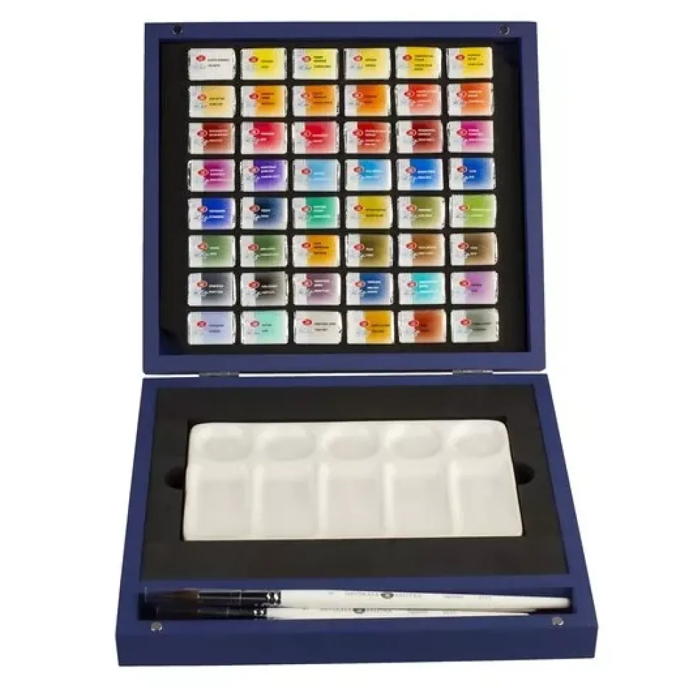 Caja azul de madera de 48 godets acuarelas White Nights