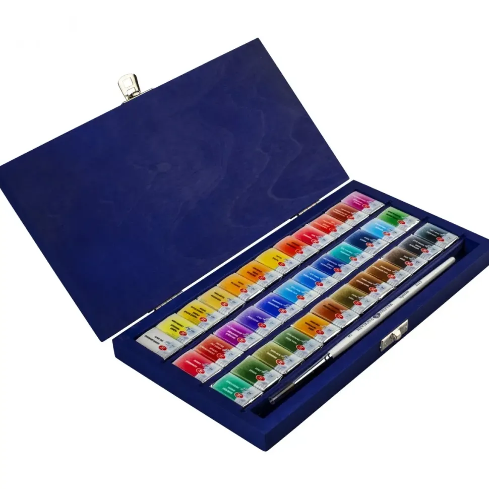 Caja azul de madera de 36 godets acuarelas White Nights