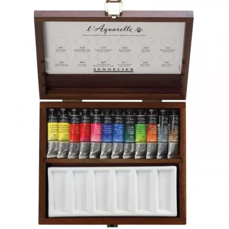 Caja de Madera de Lujo con 12 Tubos Aquarelle Extra Fine Sennelier