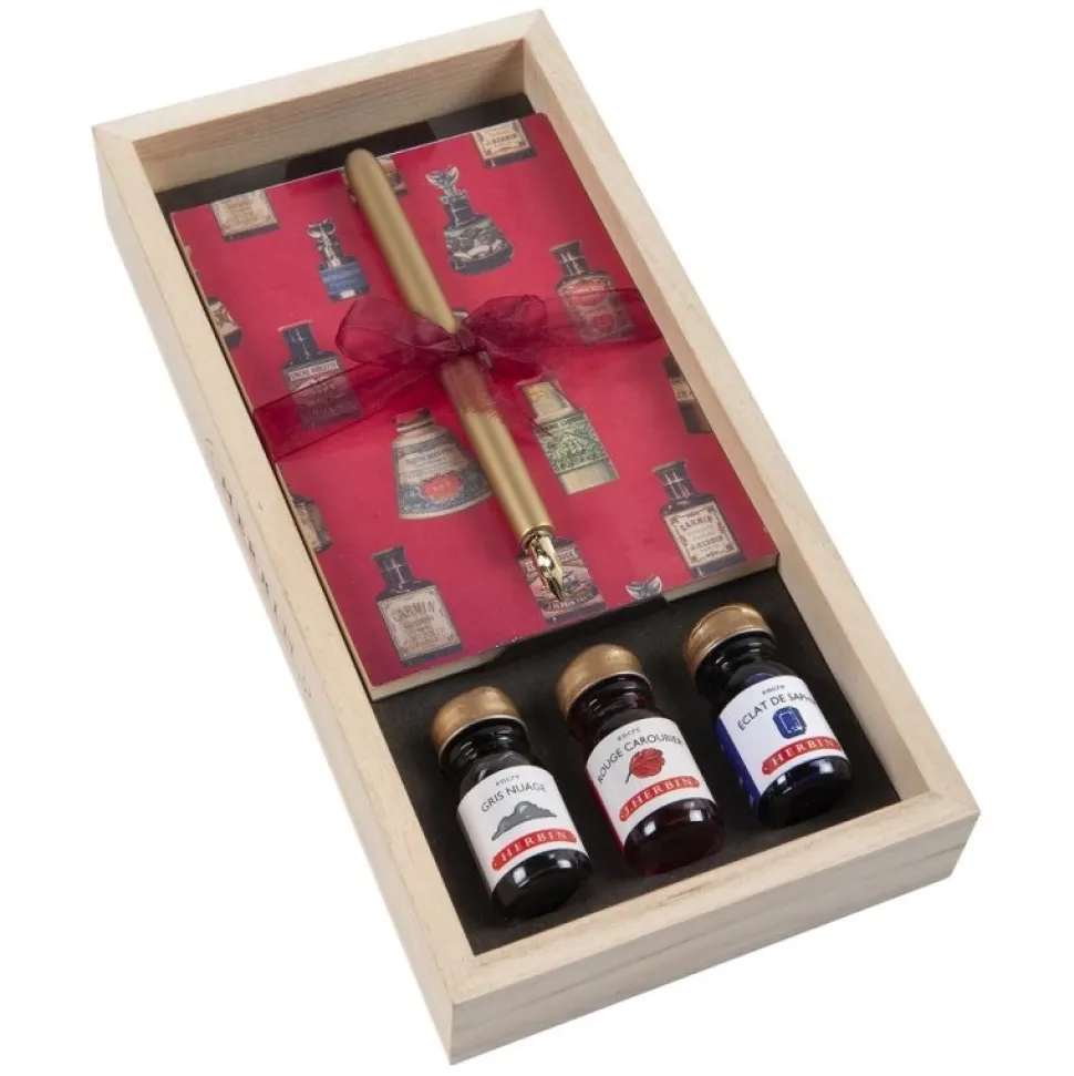 Caja de madera regalo 5 piezas caligrafía J.Herbin