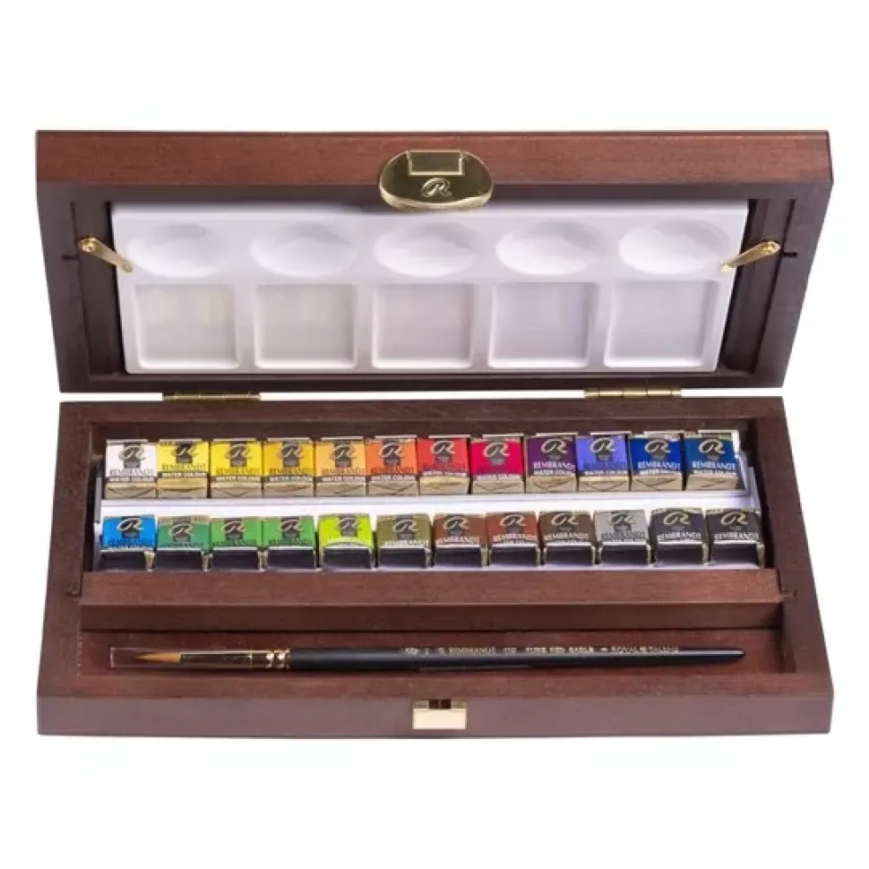 Caja de Madera Traditional 24 Medias Pastillas acuarela Rembrandt