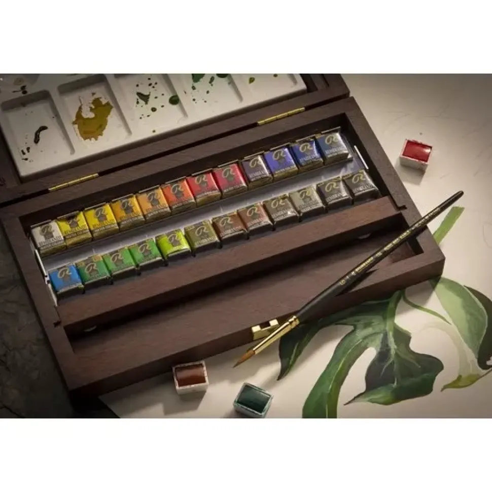 Caja de Madera Traditional 24 Medias Pastillas acuarela Rembrandt