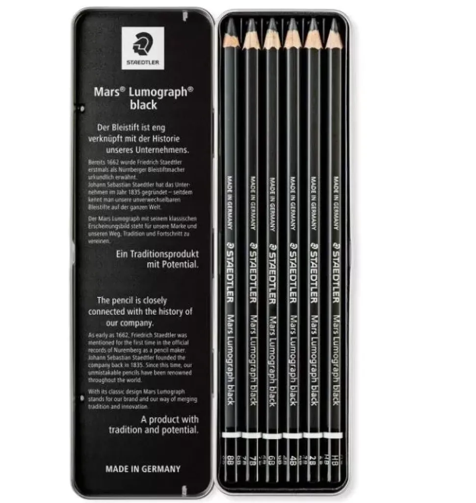 Caja metálica 6 lápices carbón Lumograph 100B Staedtler
