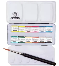 Caja metálica 12 medios godets y pincel Schmincke