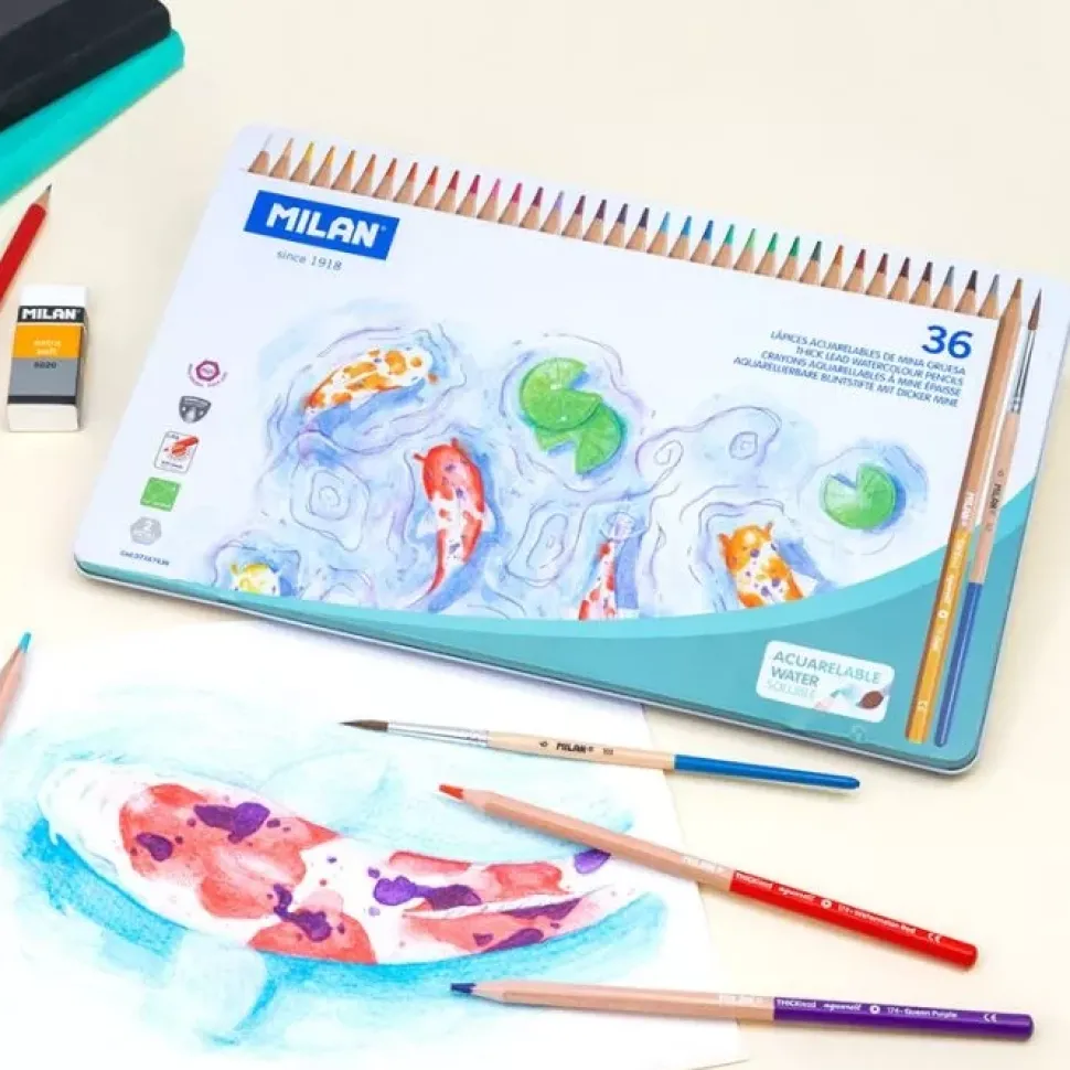 Estuche Metálico 36 Lápices de Colores Acuarelables Mina Gruesa Milan
