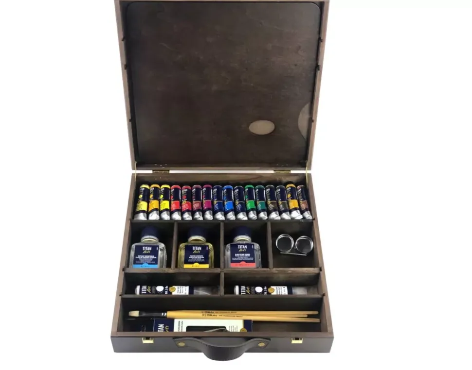 Maletín de Madera Superior de Óleo Extrafino 16 Tubos y Accesorios Titan 20ml