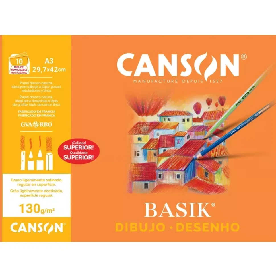 Minipack 10 Papeles Dibujo Basik Liso Canson A3 130g/m²