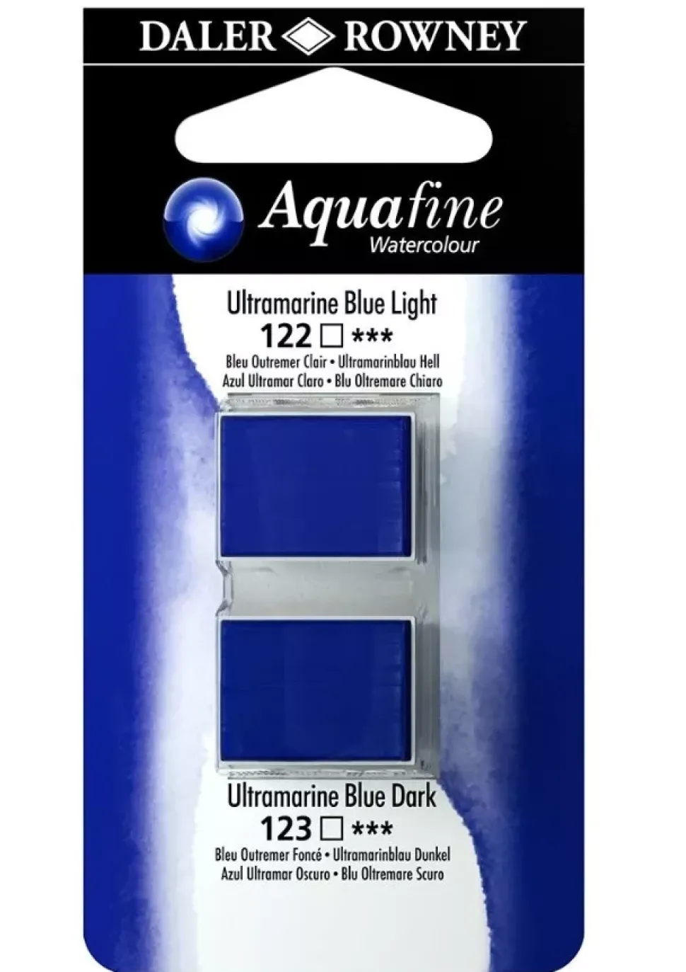 Set 2 Acuarela Aquafine 1/2 godet Azul ultramar claro y Azul ultramar oscuro Daler-Rowney