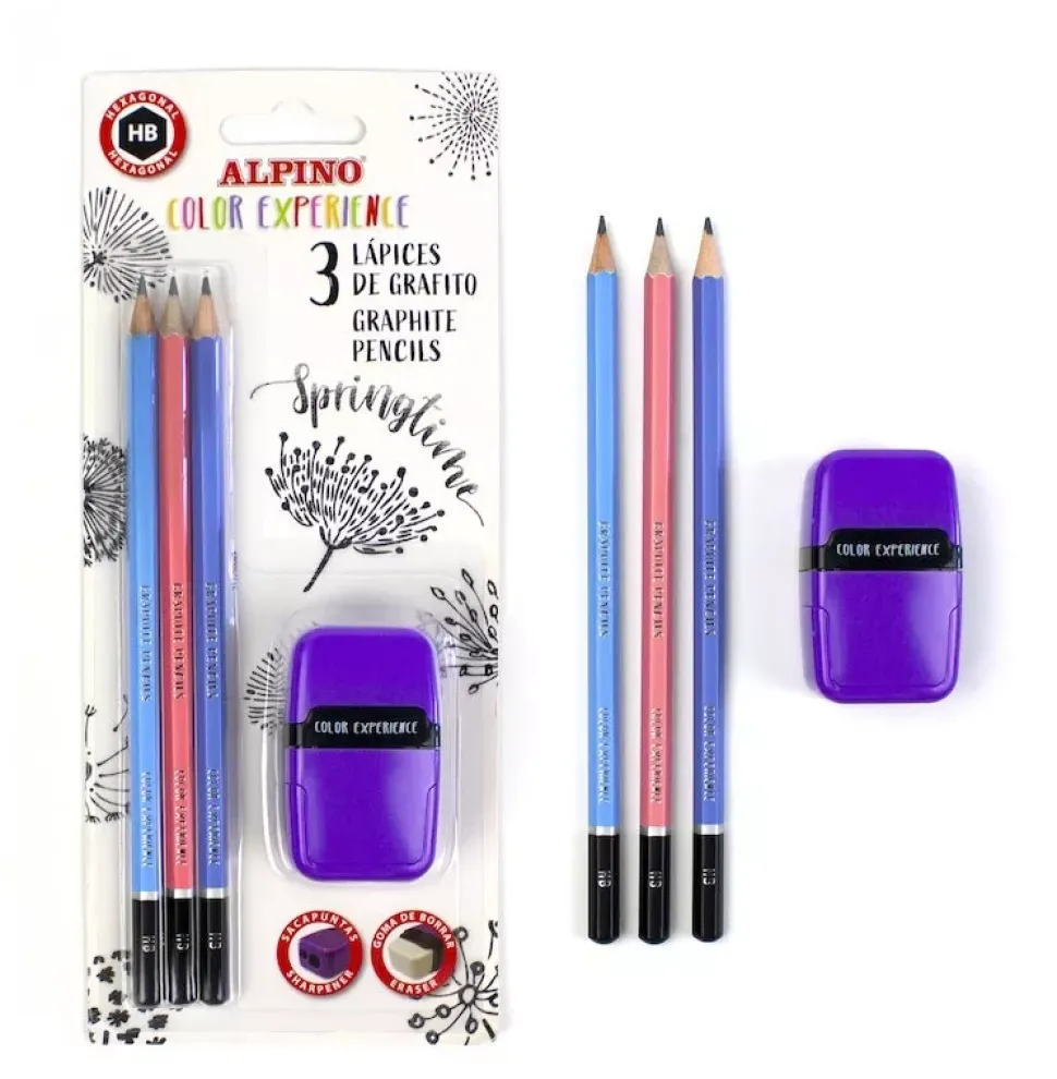 Set 3 lápices de grafito HB con sacapuntas y goma Color Experience Alpino