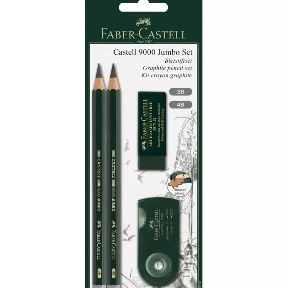 Set 2 Lápices grafito Castell 9000 Jumbo + Goma + Sacapuntas Faber-Castell
