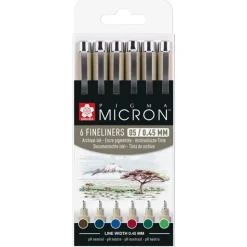 Set 6 rotuladores punta fina colores Pigma Micron 05 Sakura