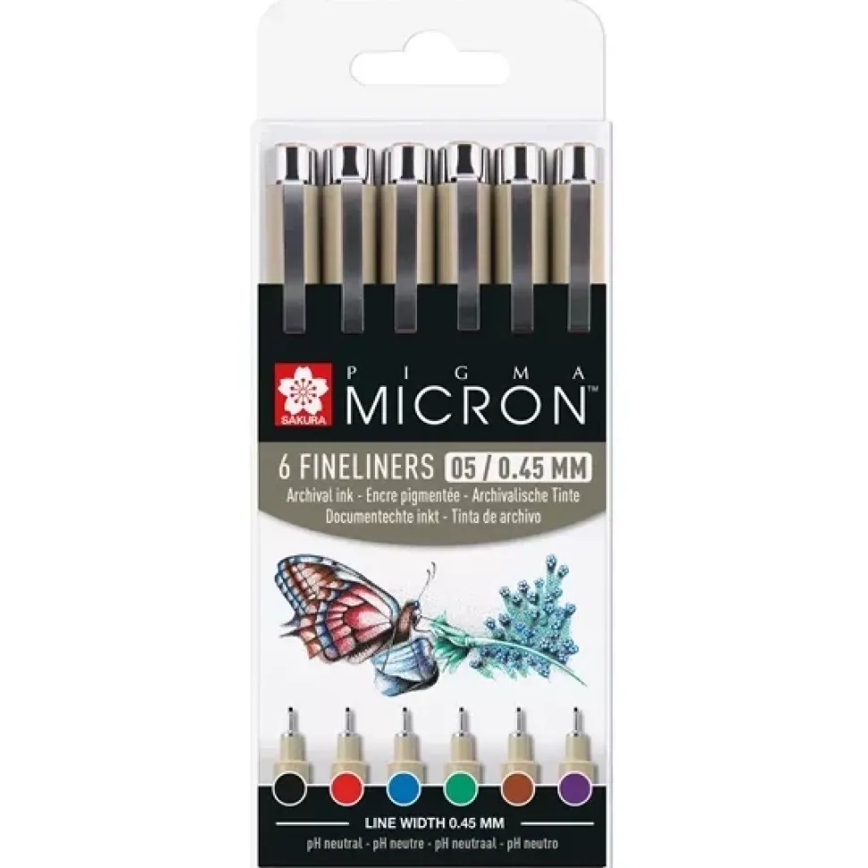 Set 6 rotuladores punta fina colores básicos Pigma Micron 05 Sakura
