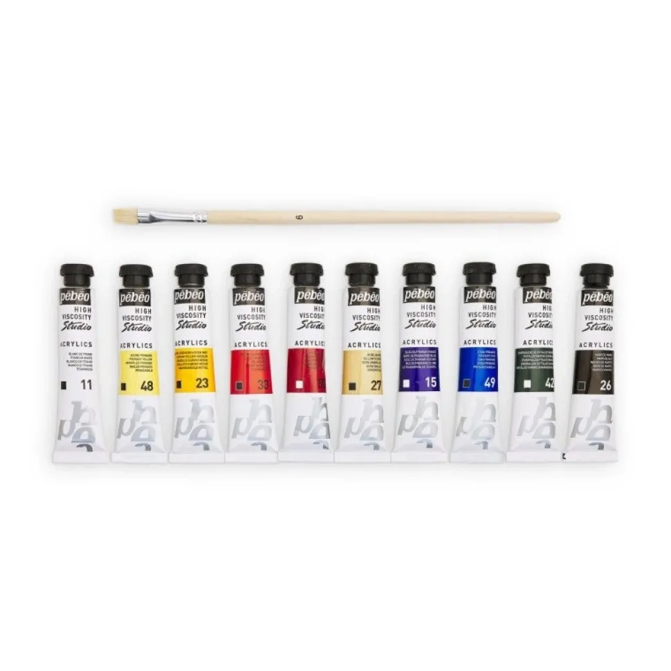 Set 10 tubos acrílico Studio y pincel Pebeo 20ml