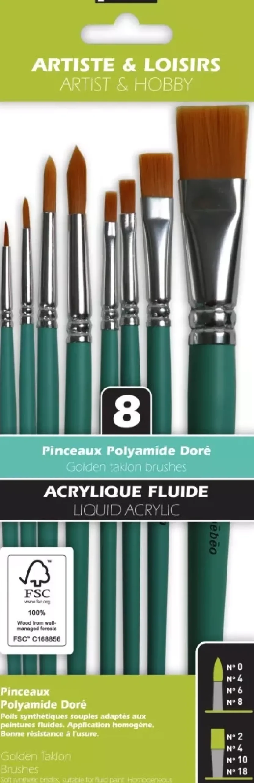 Set de 8 pinceles de poliamida dorada para acrílico Pebeo