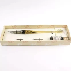 Set de escritura con pluma de Murano negro y oro Bortoletti