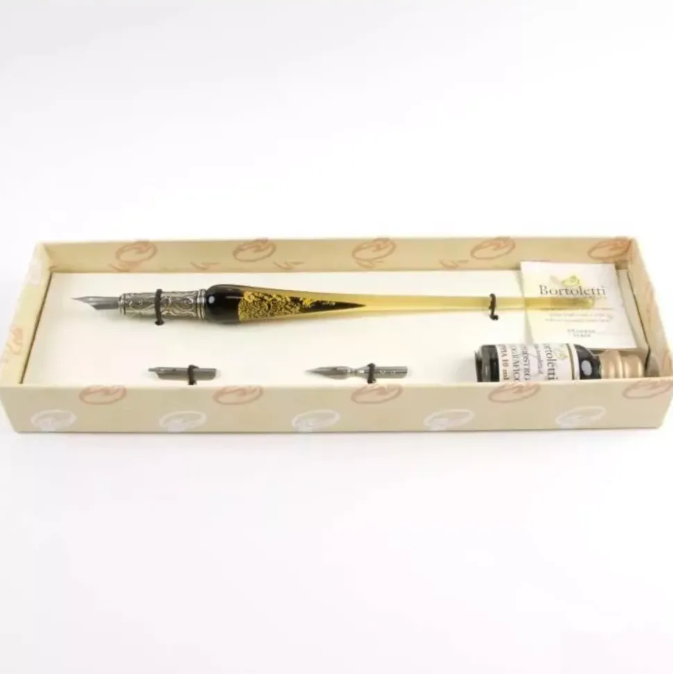 Set de escritura con pluma de Murano negro y oro Bortoletti