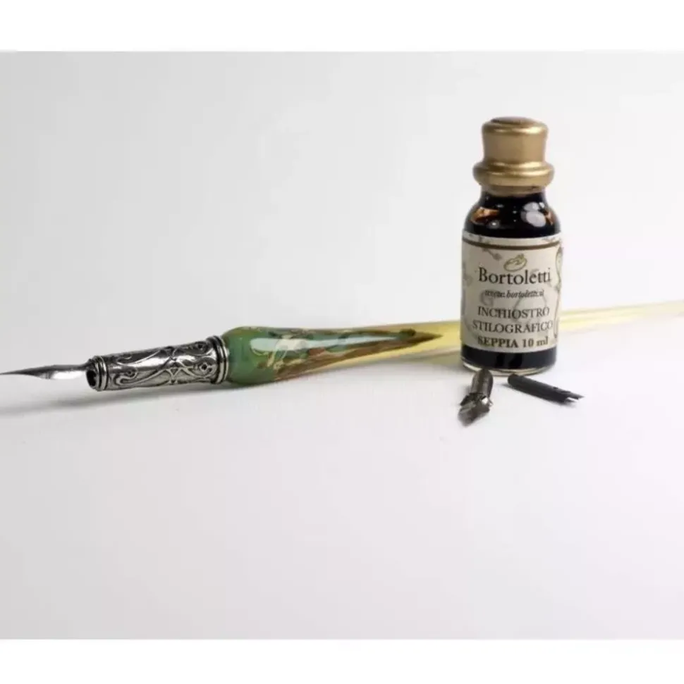 Set de escritura con pluma de Murano turquesa, marfil y dorado Bortoletti