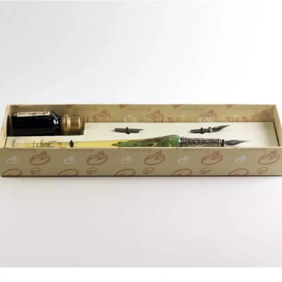 Set de escritura con pluma de Murano turquesa, marfil y dorado Bortoletti